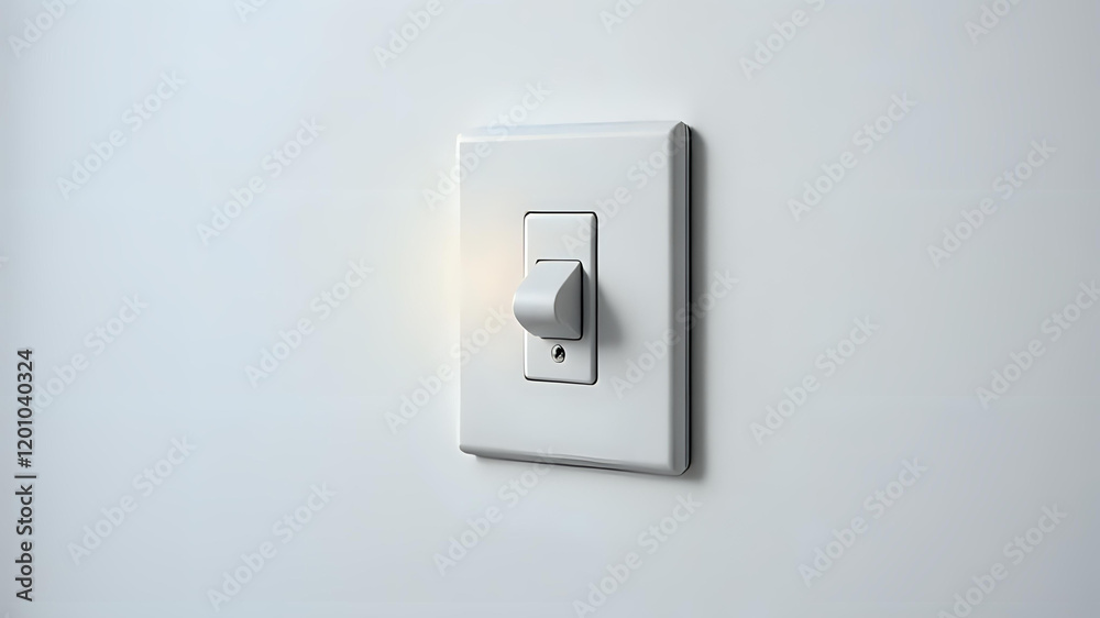 view of a standard white light switch mounted on a white wall, the switch is in the off position with the lever pointing downwards, casting a slight shadow on the wall, the simple design and clean view of a standard white light switch mounted on a white wall, the switch is in the off position with the lever pointing downwards, casting a slight shadow on the wall, the simple design and clean