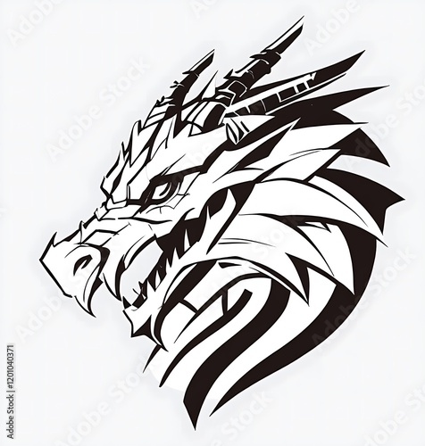 A black and white vector illustration of a dragon head, designed as a cartoon tattoo logo.