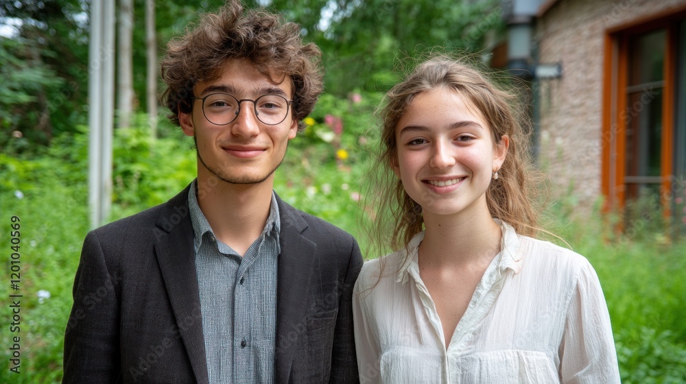 Young Man and Woman Smiling in a Green Outdoor Setting Young Man and Woman Smiling in a Green Outdoor Setting