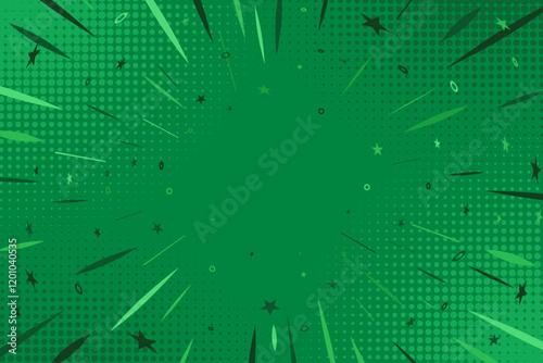 Green Pop Art Comic Background. Modern creative anime halftone style background with stars and burst of rays for retro cover, banner, poster