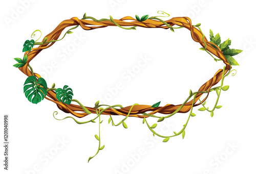 Exotic hexagonal liana frame with tropical leaves and hanging tendrils. Ideal for jungle themed designs. Vector cartoon illustration
