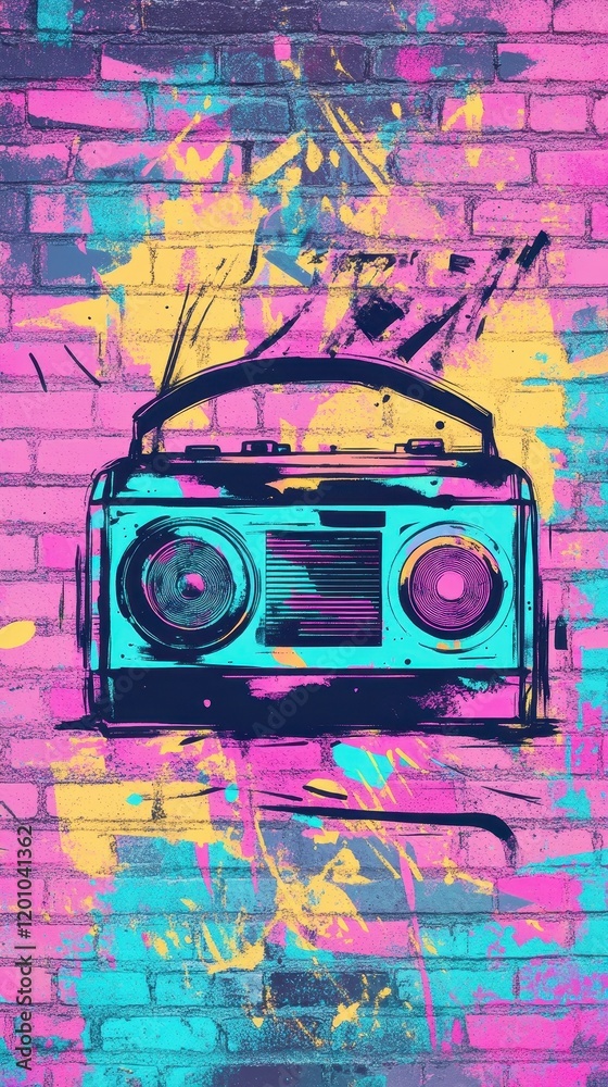 Fototapeta premium Retro Boombox Graffiti Art on Brick Wall