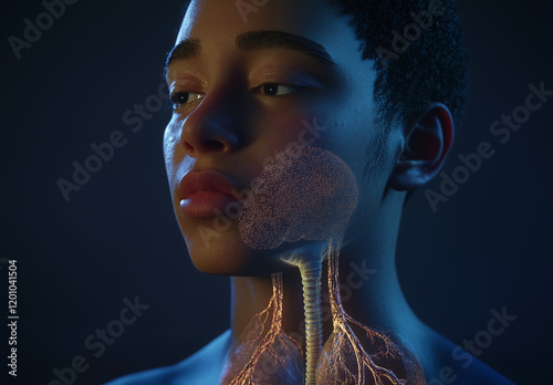 A human figure with the lungs and lung structure highlighted, showing a small chiaroscuro field in their chest area.  photo