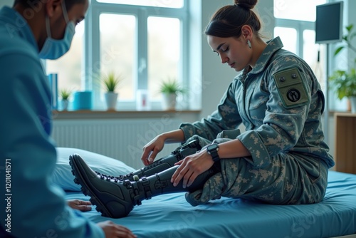 Military Veteran Receiving Prosthetic Leg Adjustment