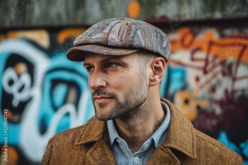 A man wearing a trendy cap stands confidently in front of vibrant graffiti art. His stylish outfit blends with the colorful urban environment, exuding a cool, casual vibe photo