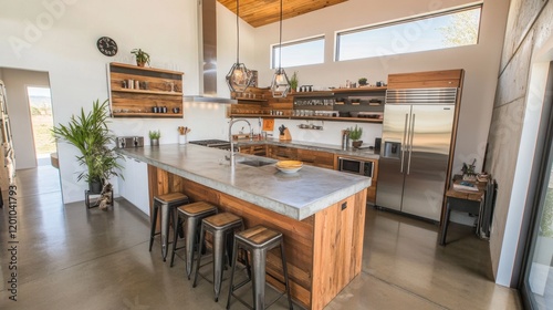 A modern kitchen featuring a unique blend of materials, such as concrete countertops and wooden cabinetry, for a rustic-industrial feel.