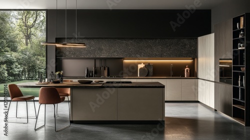A modern kitchen showcasing seamless cabinetry, a hidden pantry door, and a waterfall edge countertop for a sleek finish.