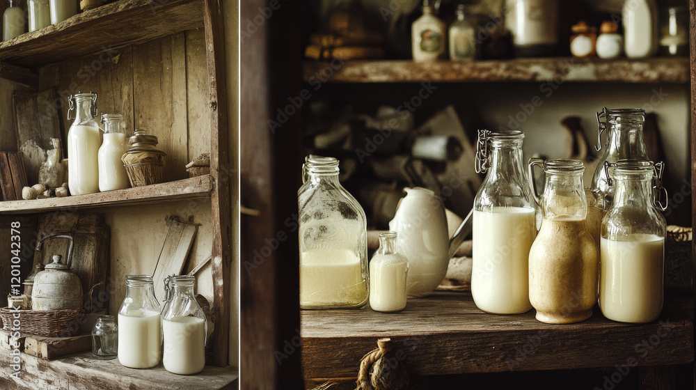 Fresh farm milk in bottles, jugs and glass. Isolated on white background, sketch icons Fresh farm milk in bottles, jugs and glass. Isolated on white background, sketch icons