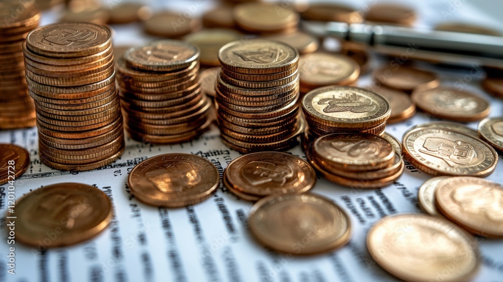 Stacks of Coins on Financial Documents with a Silver Pen Nearby Stacks of Coins on Financial Documents with a Silver Pen Nearby