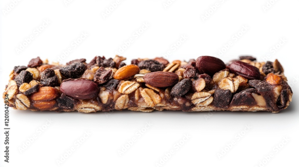 Nutty and Fruity Granola Bar with Oats and Mixed Nuts on White Background Nutty and Fruity Granola Bar with Oats and Mixed Nuts on White Background