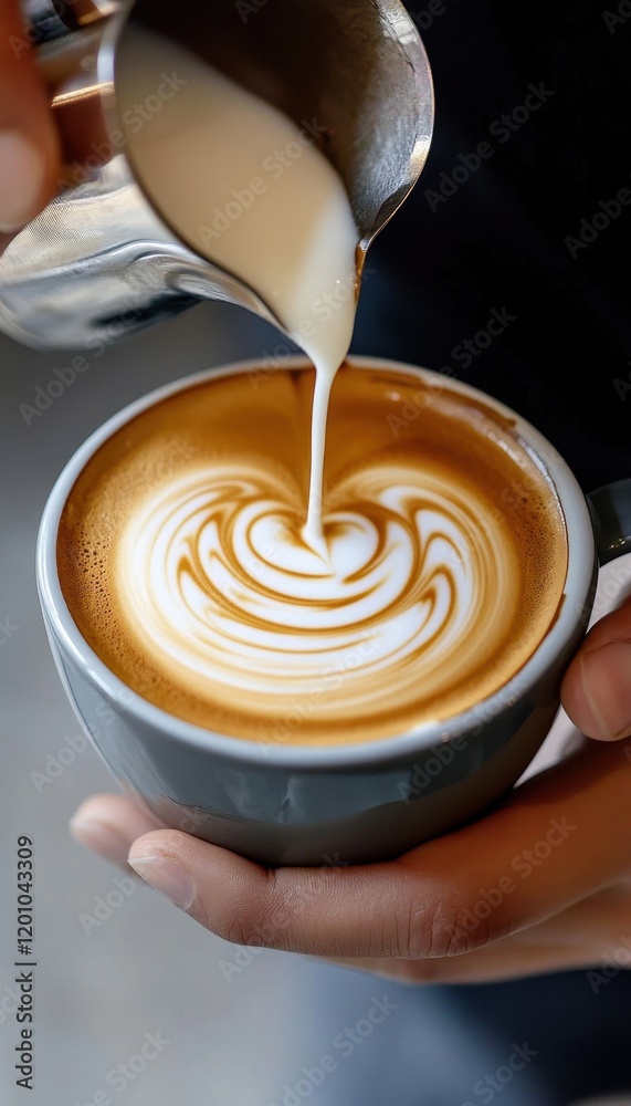 Expert barista crafting a delicate latte art heart design in a grey cup Expert barista crafting a delicate latte art heart design in a grey cup