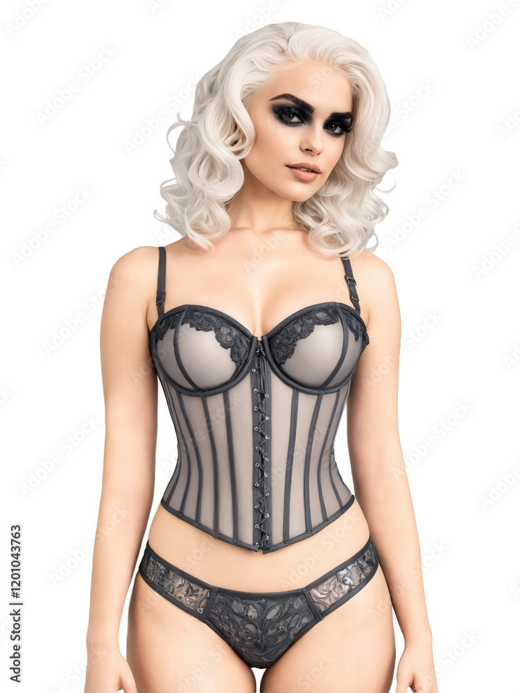Naklejka premium Middle Eastern woman with wavy platinum blonde hair, brown eyes, slim body type, wearing a corset-inspired bra with matching bikini