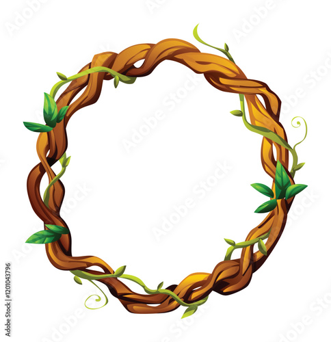 Round liana frame with lush tropical leaves and intertwined branches. Vector cartoon illustration