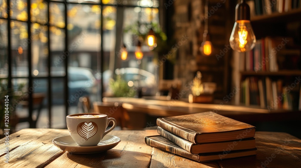 A cozy cafe with warm pendant lights, a latte art coffee cup, and a stack of books on a rustic wooden table A cozy cafe with warm pendant lights, a latte art coffee cup, and a stack of books on a rustic wooden table