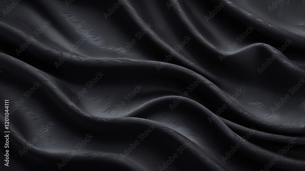 Fototapeta premium Black satin fabric with a luxurious, smooth, and rippled texture, perfect for elegant fashion backdrops