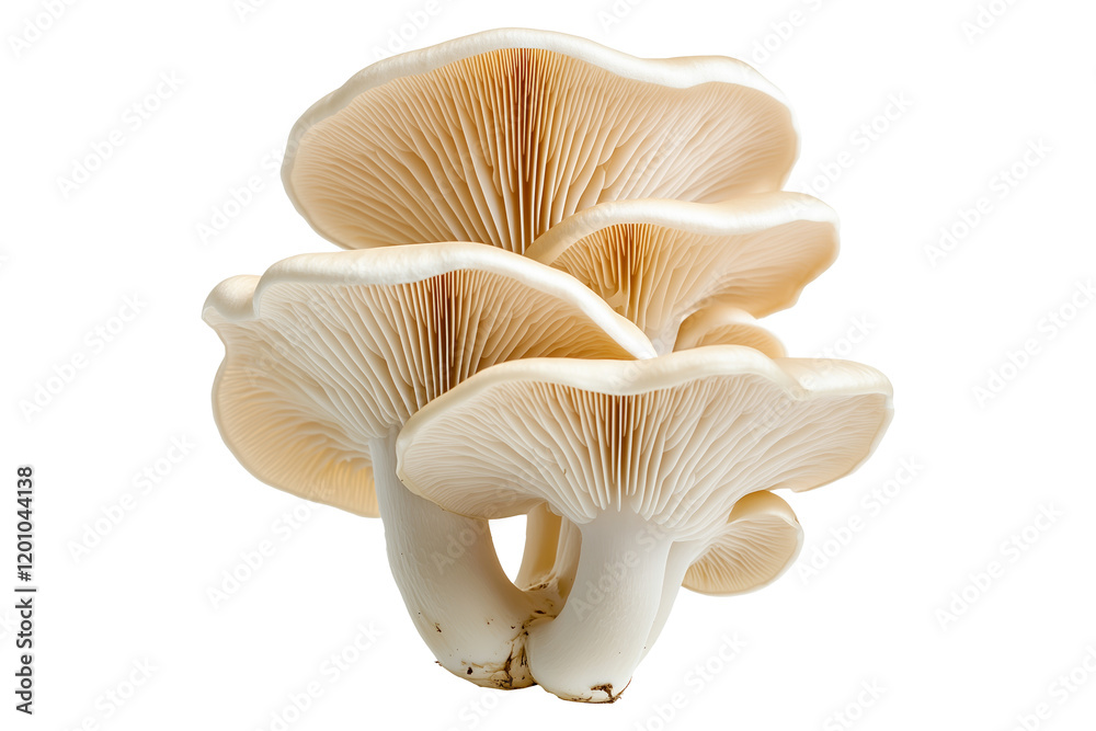 Closeup of Oyster mushroom showing its textured cap and stem isolated on a white background. Concept of fungi and nature Closeup of Oyster mushroom showing its textured cap and stem isolated on a white background. Concept of fungi and nature
