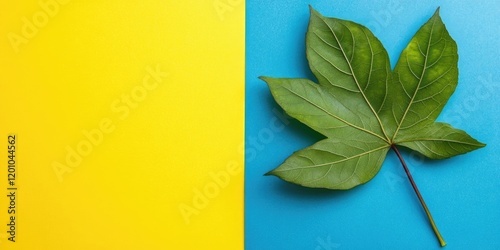 Japanese fatsia leaf resting on vibrant yellow and blue backdrop with ample copy space, showcasing rich green hues in a flat lay composition.