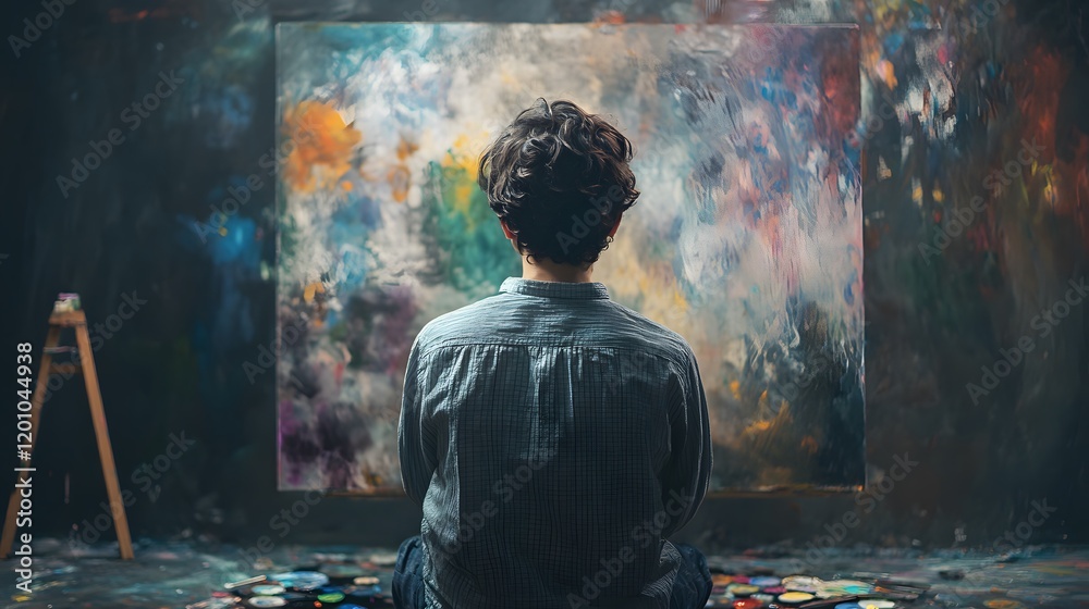 Fototapeta premium Artist Contemplates Abstract Painting In Studio