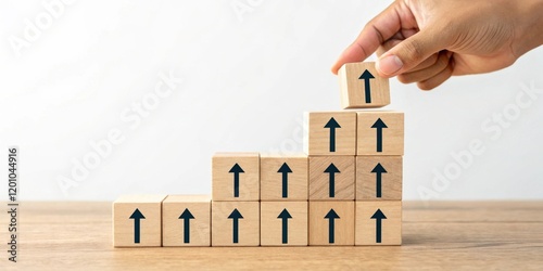 Hand placing wooden block with upward arrow on a growing stack of similar blocks symbolizing progress and growth