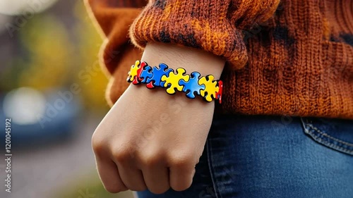 Person wearing autism awareness bracelet outdoors