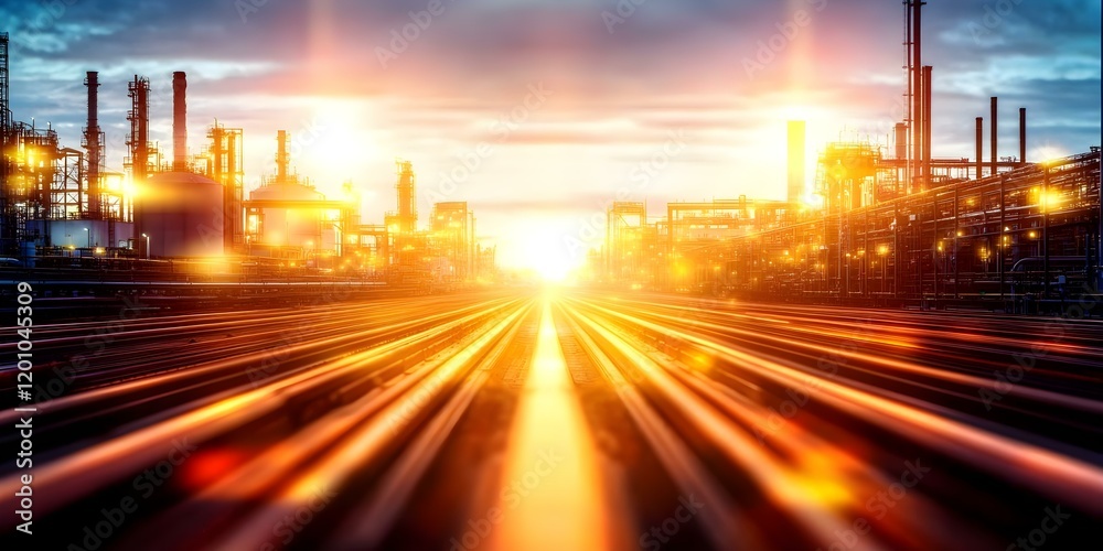 Fototapeta premium A railway track leading towards an industrial landscape with oil refineries and a vibrant sunset in the background. Concept Railway Tracks, Industrial Landscape, Oil Refineries, Vibrant Sunset