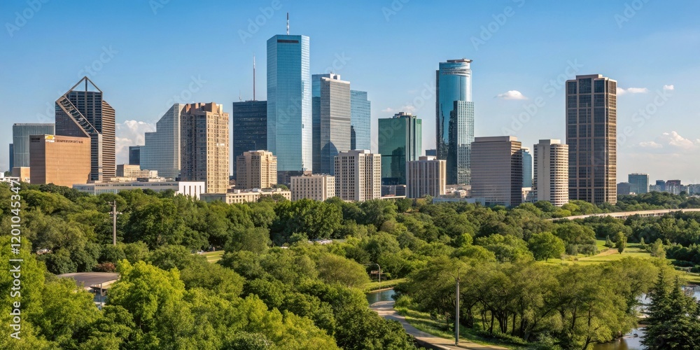 Fototapeta premium A vibrant cityscape skyline with numerous skyscrapers and high-rise buildings, nestled amidst a lush green landscape of trees and parkland, under a clear blue sky.