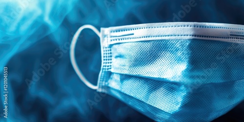 Close up of a light blue medical mask against a hazy dark blue background with soft lighting emphasizing texture and creating ample copy space photo