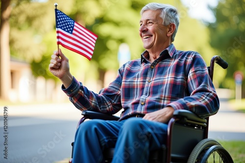 Joyful Senior Man Celebrating with American Flag in Wheelchair photo