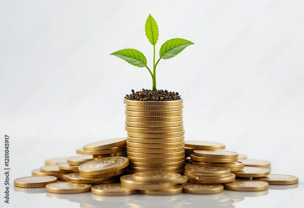 A small tree growing atop stacks of coins signifies financial growth, investment, and savings in a conceptual, PNG Transparent background A small tree growing atop stacks of coins signifies financial growth, investment, and savings in a conceptual, PNG Transparent background