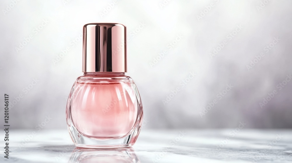 A sleek bottle of rose gold nail polish, with a matching metallic cap, standing on a marble countertop. A sleek bottle of rose gold nail polish, with a matching metallic cap, standing on a marble countertop.