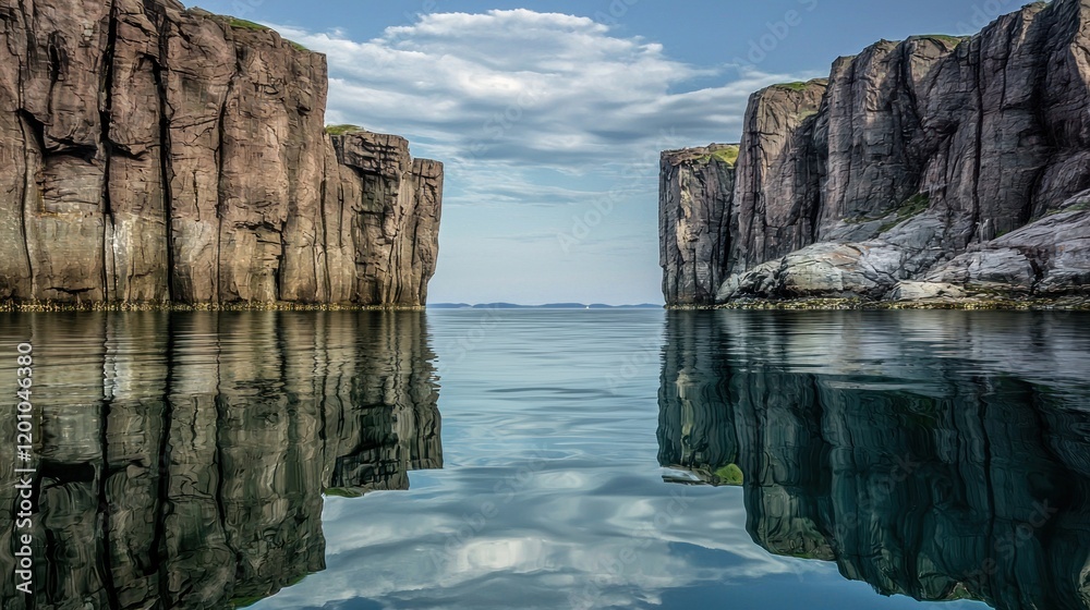 Serene waterway between towering cliffs, reflecting clouds above. Serene waterway between towering cliffs, reflecting clouds above.