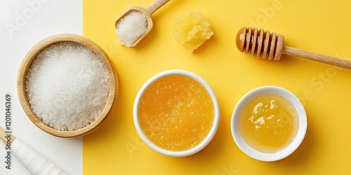 Wallpaper Mural Natural homemade body scrubs with honey and sea salt in white bowls on a vibrant yellow backdrop showcasing skin care and body treatment elements. Torontodigital.ca