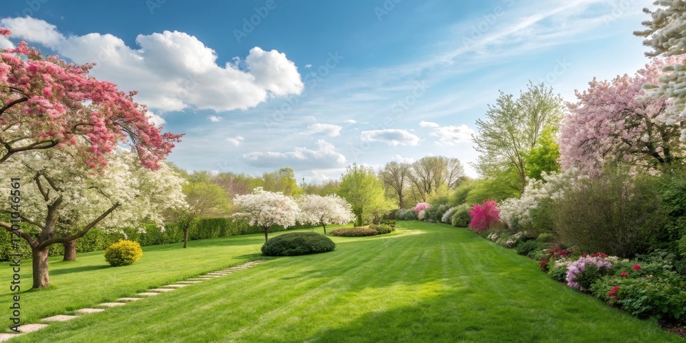 A picturesque landscape showcasing a vibrant springtime garden with blossoming trees and meticulously manicured lawns A picturesque landscape showcasing a vibrant springtime garden with blossoming trees and meticulously manicured lawns