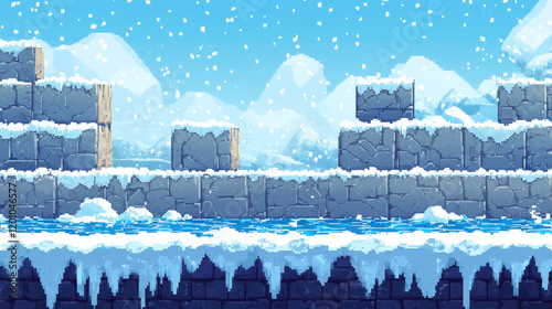 Snow, ice and water pixel blocks background pattern. Retro console game level cubic pixel texture. Computer eight bit 80s arcade environment pixelated vector backdrop with blue liquid or snow
