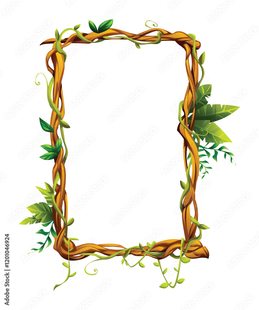 Liana frame with tropical leaves and twisting vines. Ideal for jungle themes. Vector cartoon illustration