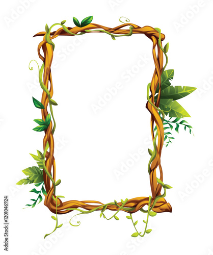 Liana frame with tropical leaves and twisting vines. Ideal for jungle themes. Vector cartoon illustration