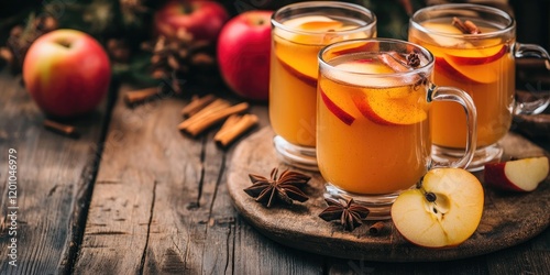 Autumn-inspired spicy apple cider beverage in glass mugs with apple slices and cinnamon sticks on a rustic wooden table with red apples and spices photo