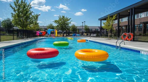 A sparkling outdoor swimming pool with colorful inflatables floating on the surface