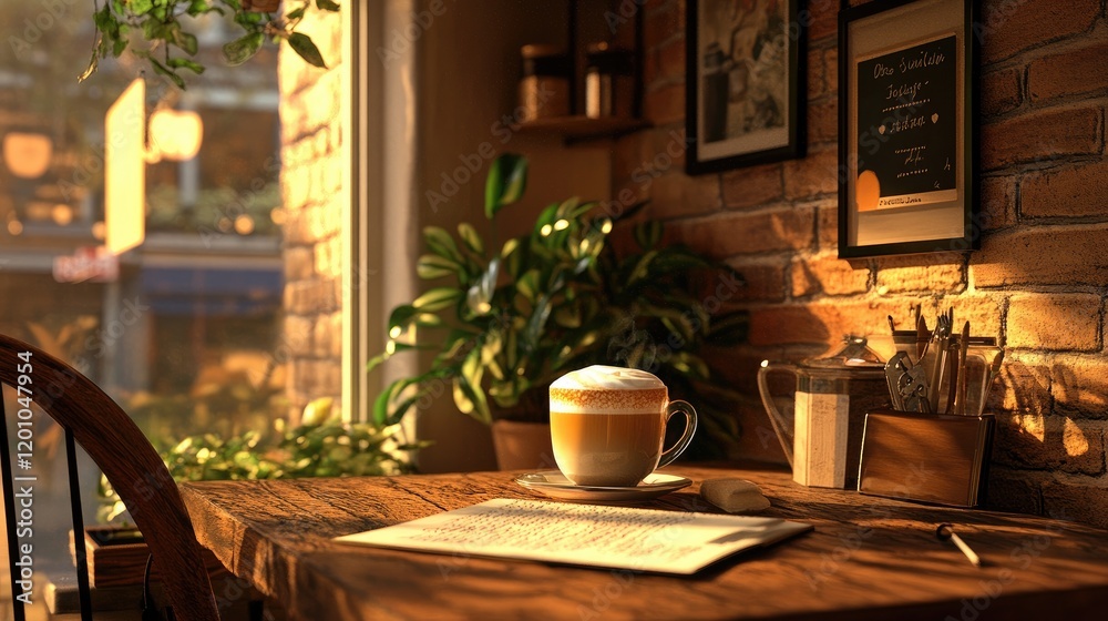 Fototapeta premium A tranquil coffee shop corner with soft lighting, a journal, and a latte with delicate foam art