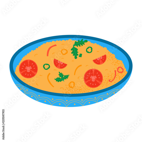 Couscous with tomatoes and pepper. Traditional Middle Eastern vegetarian food. Hand drawn vector illustration.