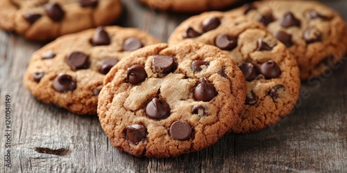 Freshly baked chocolate chip cookies on a rustic wooden table, brown cookies with shiny chocolate chips, warm and inviting cozy scene showcasing baking joy.