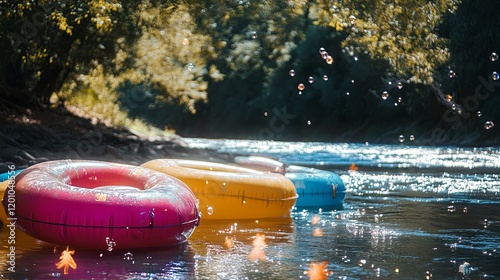 A sparkling river with inflatable tubes stacked nearby, ready for a lazy float photo
