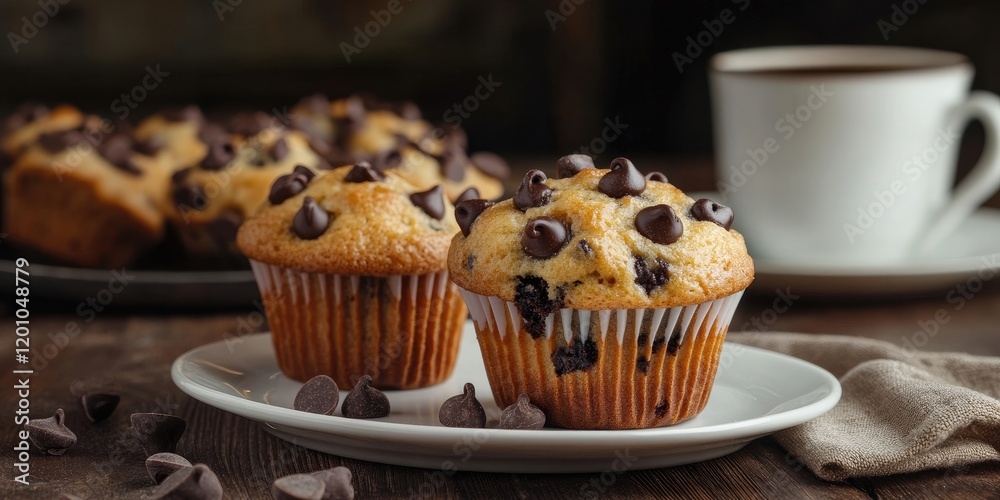 Freshly baked chocolate chip muffins on a white plate with coffee cup and chocolate chips on a rustic wooden table with warm tones. Freshly baked chocolate chip muffins on a white plate with coffee cup and chocolate chips on a rustic wooden table with warm tones.