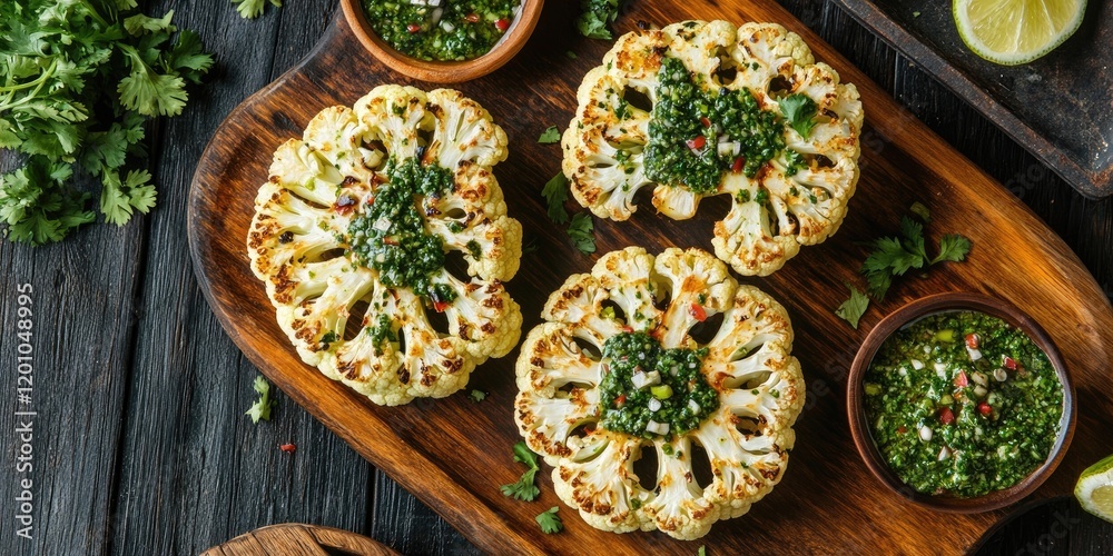Grilled cauliflower steaks with cilantro lime chimichurri on a wooden platter overhead view vibrant greens and yellow tones with rustic textures Grilled cauliflower steaks with cilantro lime chimichurri on a wooden platter overhead view vibrant greens and yellow tones with rustic textures