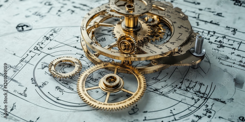 Fototapeta premium Intricate Gold Gears Resting on Detailed Mechanical Drawings
