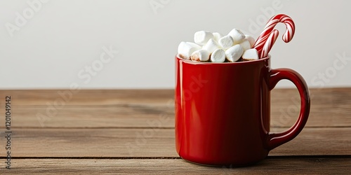 Cozy red mug filled with hot chocolate and marshmallows beside a festive candy cane on a wooden table against a neutral white background photo