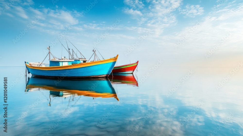 Fototapeta premium Colorful fishing boats anchored near Karamitsi Beach, with the sun reflecting off the calm waters.