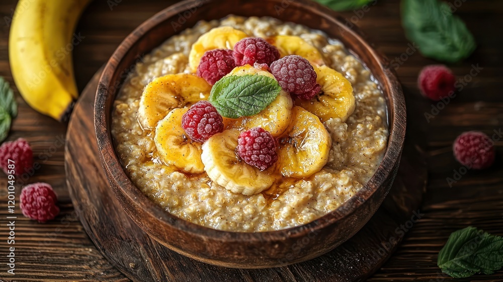 Oatmeal breakfast bowl, banana, raspberry, wood table Oatmeal breakfast bowl, banana, raspberry, wood table