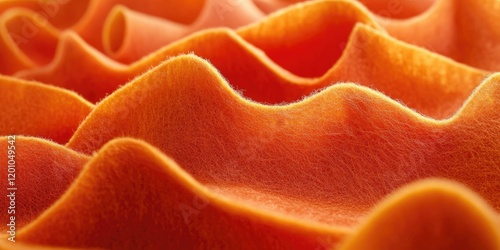 Vibrant orange felt textile with textured waves and soft fur-like surface creating depth and visual interest in warm light tones.