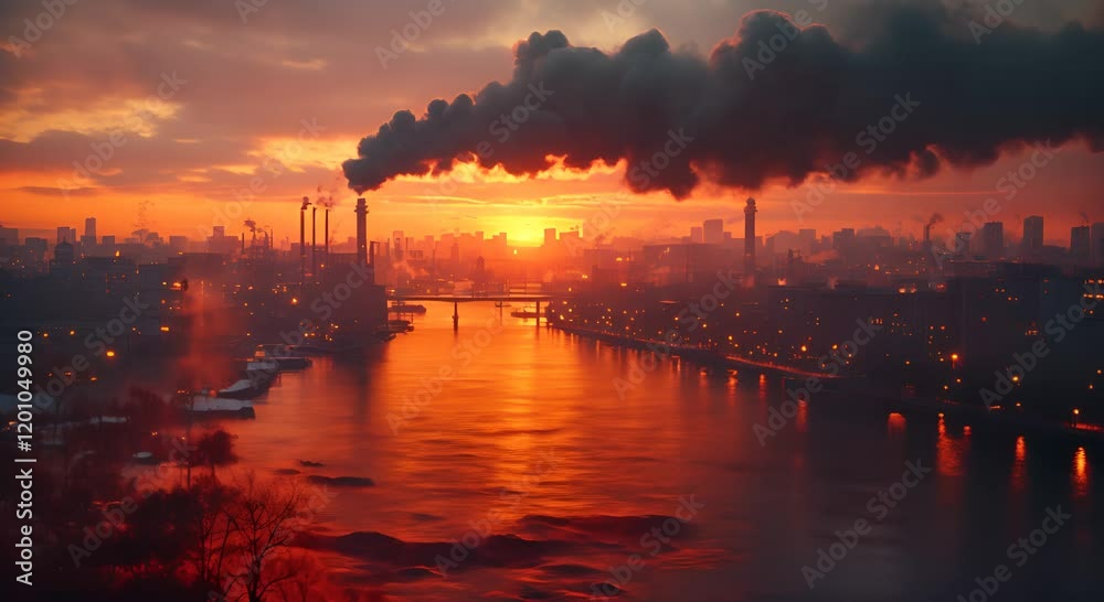 A sunset view over an industrial city with smoke rising from chimneys and a reflective river. A sunset view over an industrial city with smoke rising from chimneys and a reflective river.